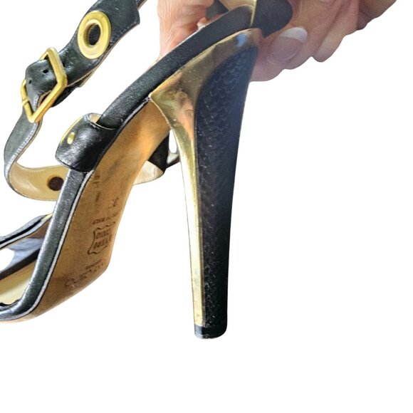 Jimmy Choo Black Leather & Gold Snake-Print Heeled Sandals With Buckle Closure S - Picture 11 of 13
